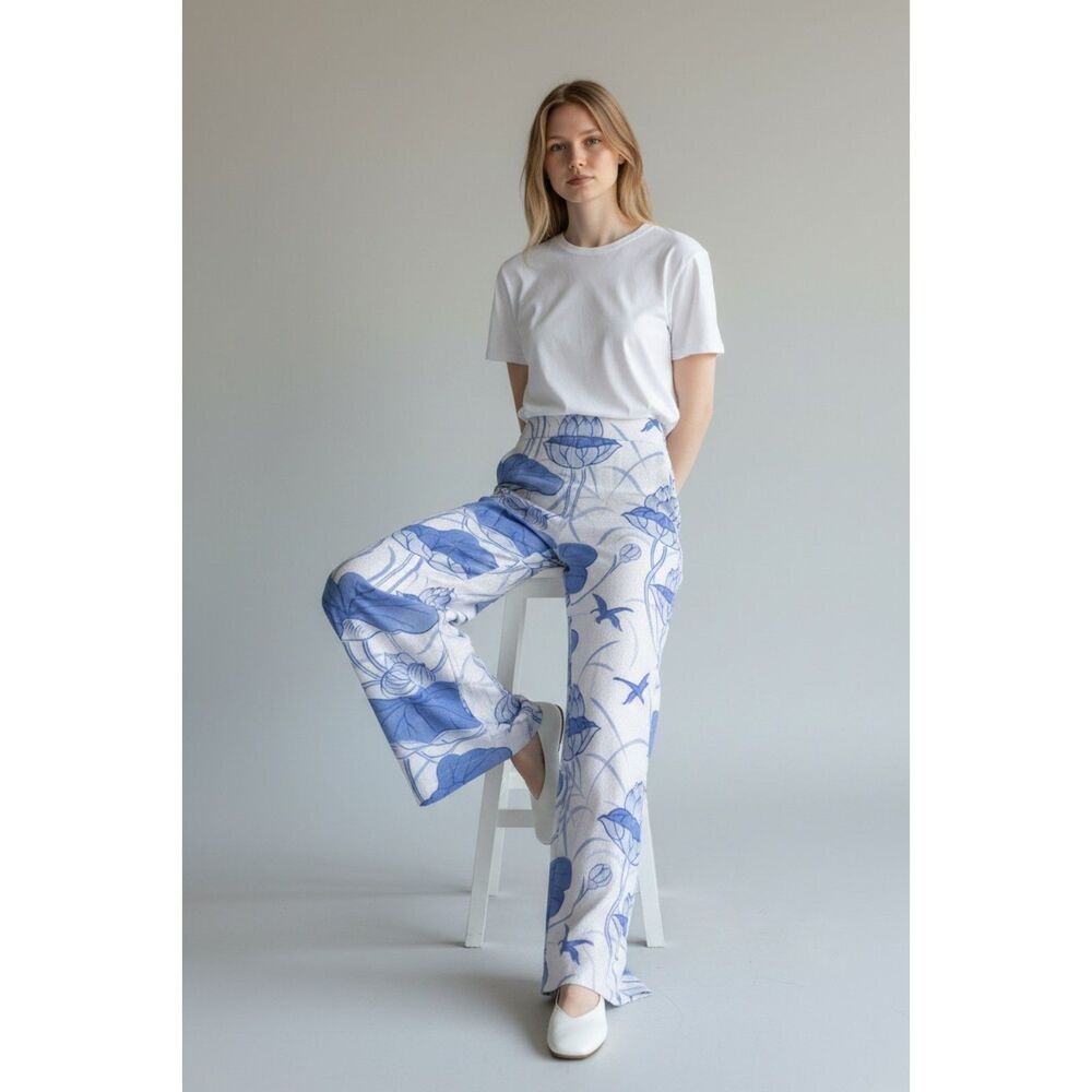 Chinese Lotus Motif Ginger Sandrine Knit Pants | Preorder | Wide-Leg High-Rise